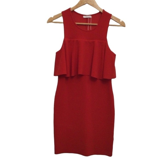 Zara Red Mini Dress sleeveless woven sheath round neckline Ruffle top Small - Picture 1 of 15